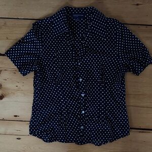Jones New York Navy and White Polka Dot Blouse